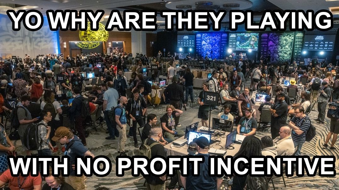 Photograph from Combo Breaker 2024, where I organized Cyberbots. An overhead shot of the casual/BYOC area (credit to TempusRob) with the caption 'Yo why are they playing with no profit incentive'